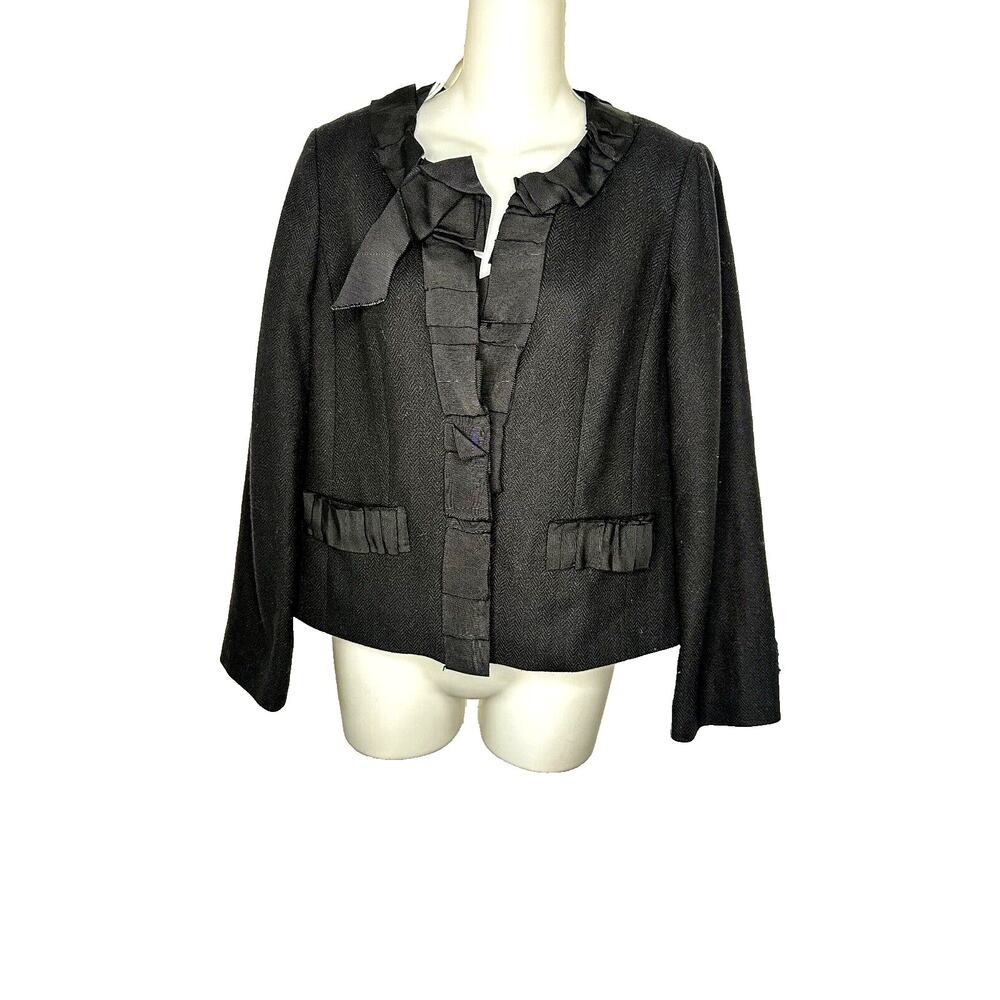 J Crew Black Blazer Jacket Short Boxy Cropped Ribbon Artsy detail Size 6